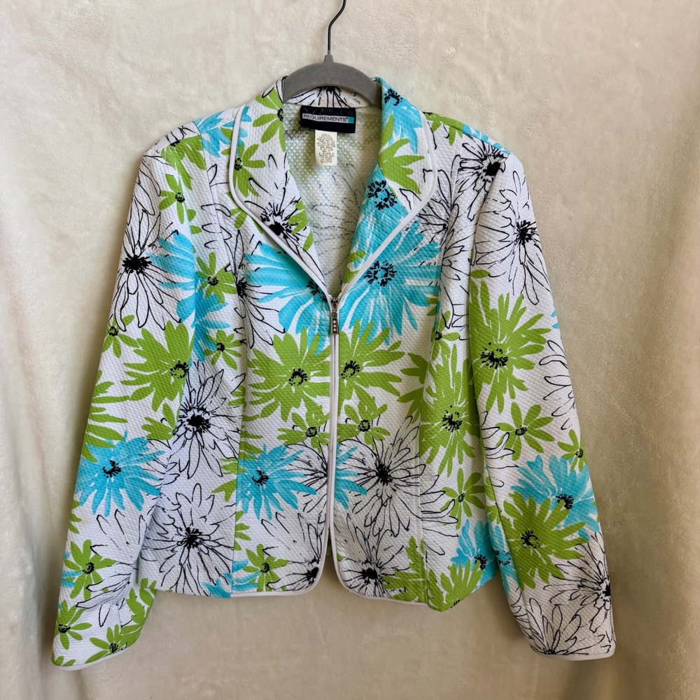 Requirements Womens White Green Blue Floral Quilted Full Zip Jacket Size 14
